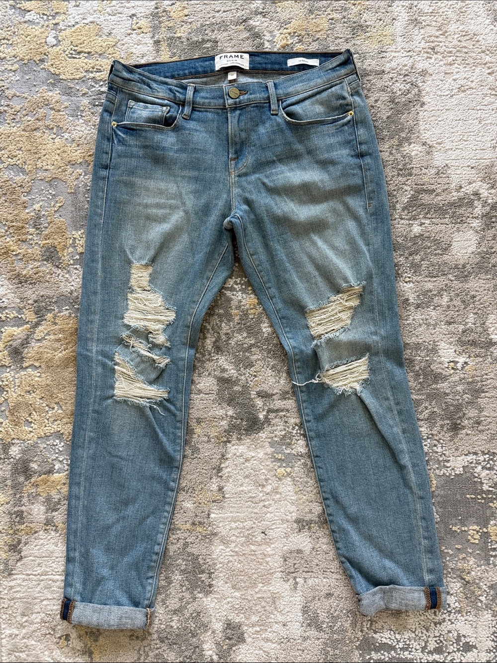 Frame Denim Le Garcon Medium Blue Ripped Boyfriend Jeans 26